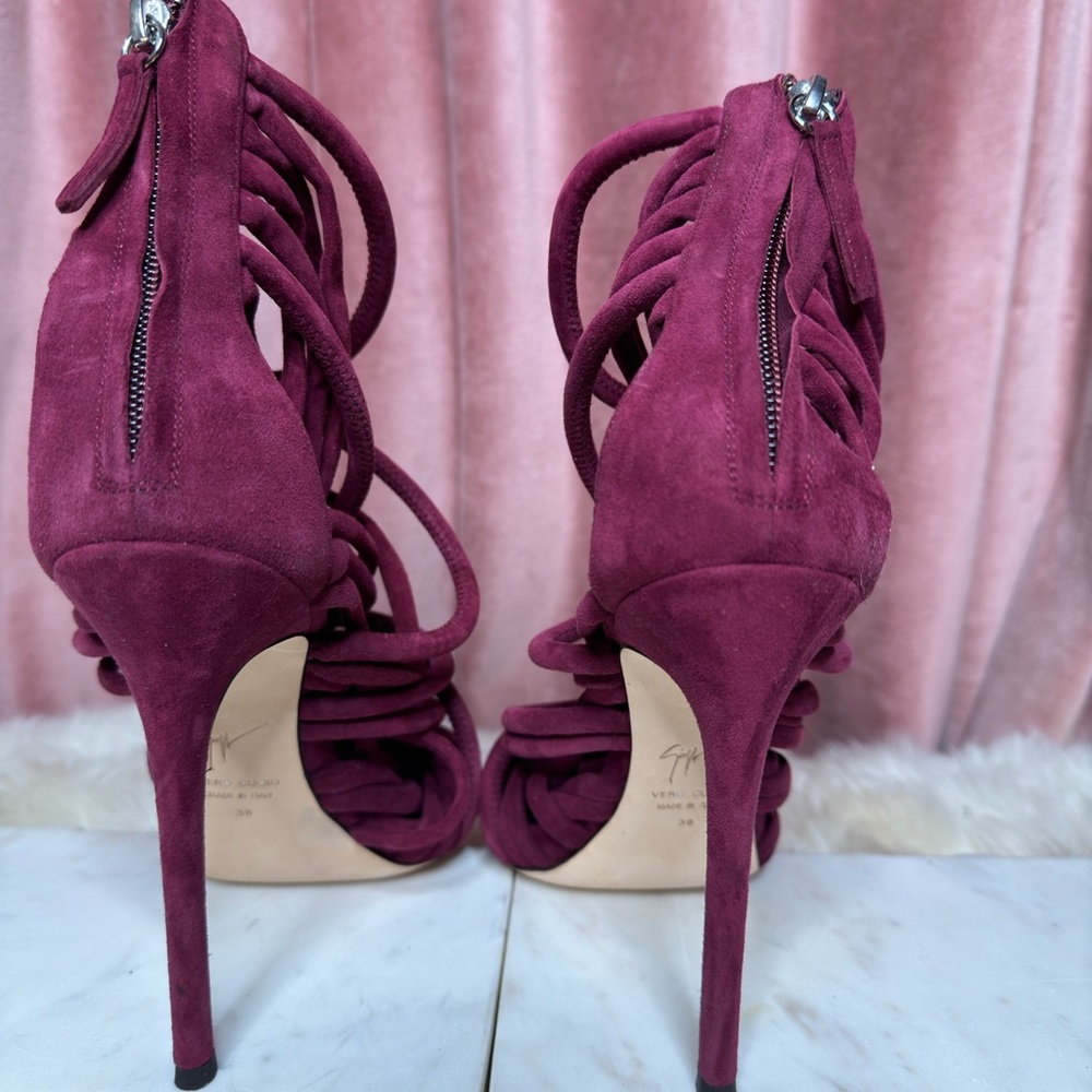 Giuseppe Zanotti Strappy Suede Burgundy Sandal Heel EU Size 38 - Picture 5 of 8